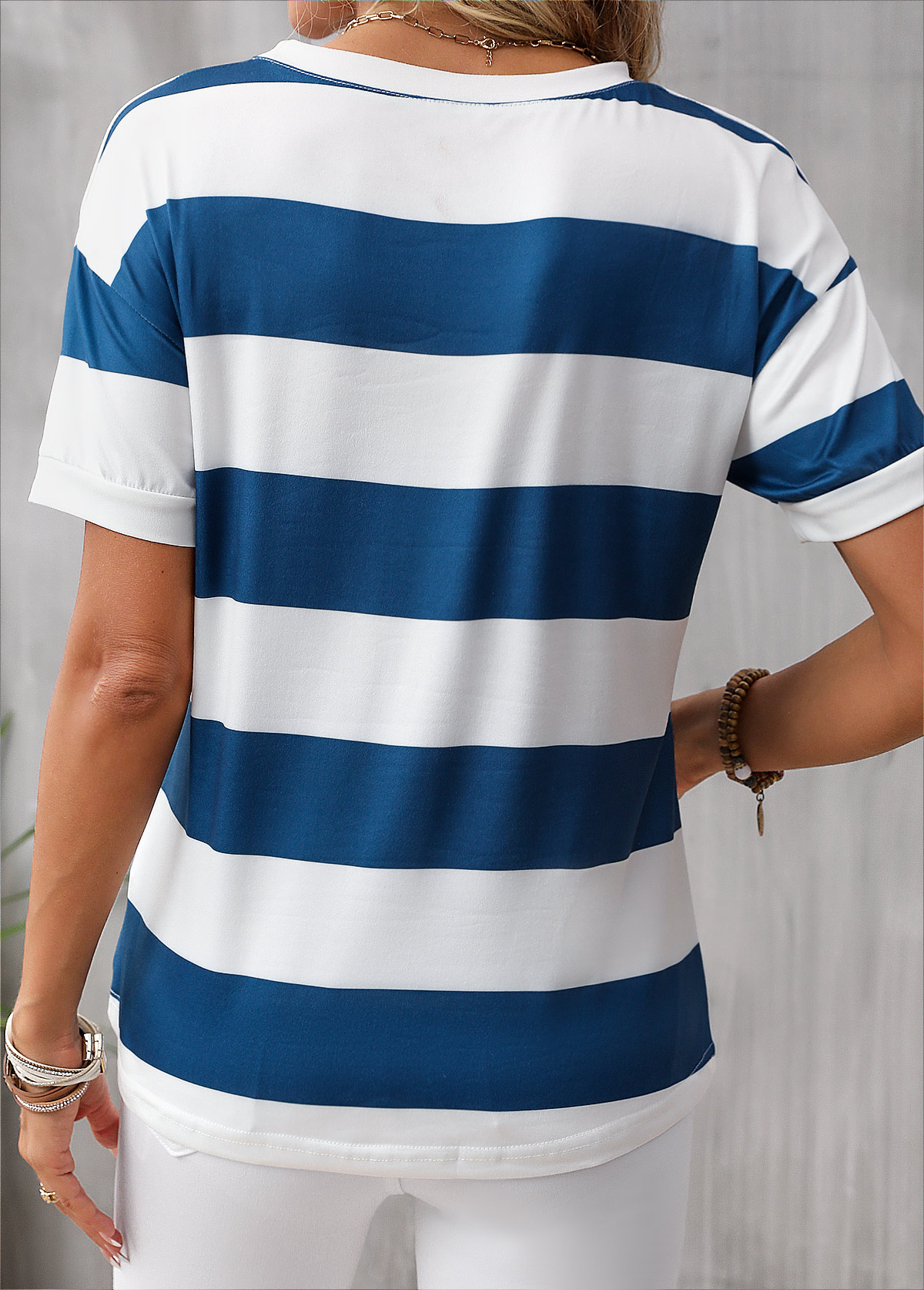 Striped Round Neck Short Sleeve Blue T Shirt