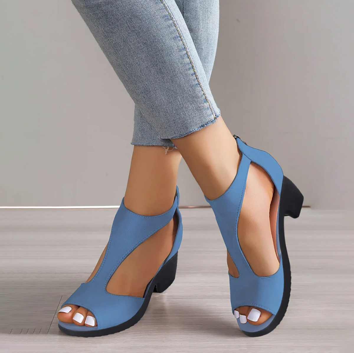 Peep Toe Mid Heel Dusty Blue Sandals