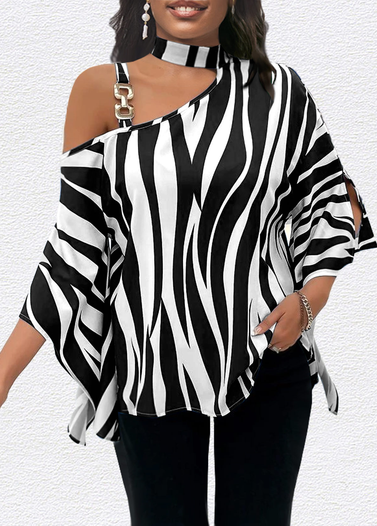Zebra Stripe Print Asymmetry Black T Shirt