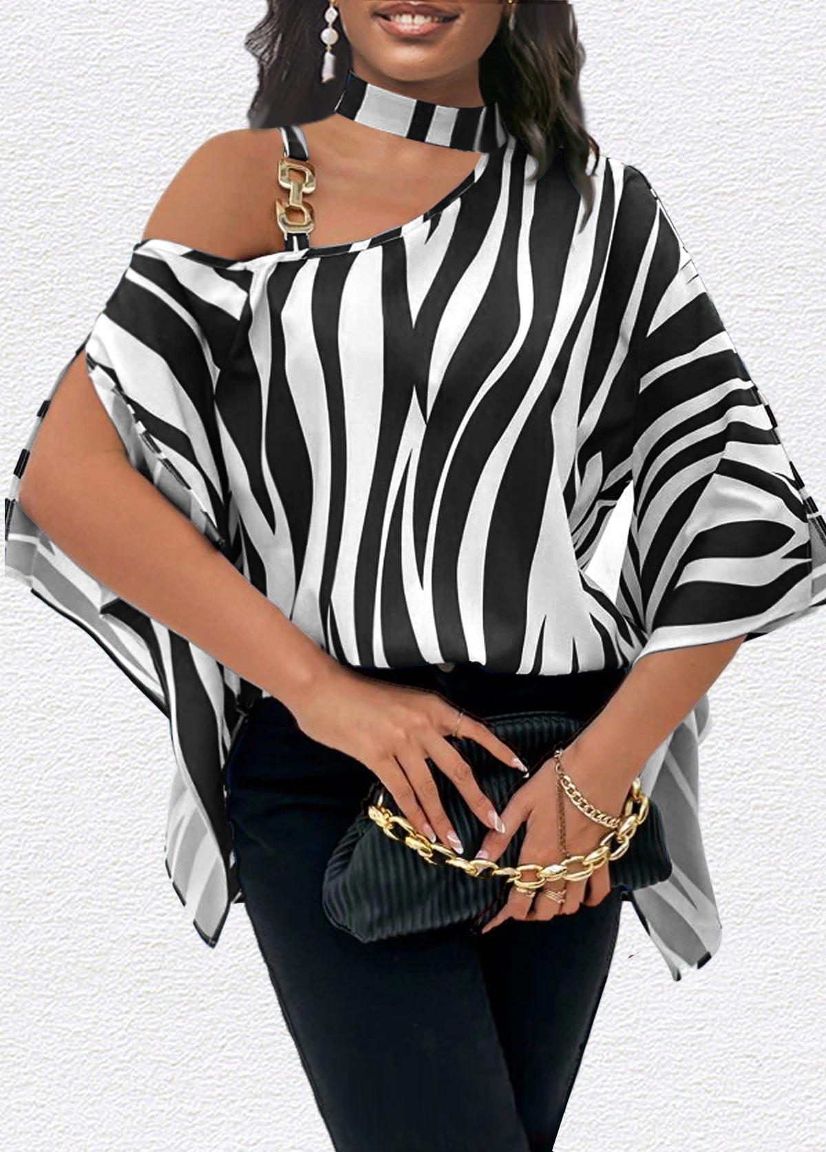 Zebra Stripe Print Asymmetry Black T Shirt