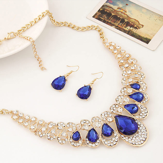 Teardrop Rhinestone Design Dark Blue Earrings and Necklace