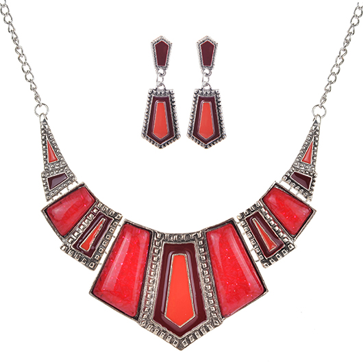 Retro Red Geometric Design Necklace and Earrings