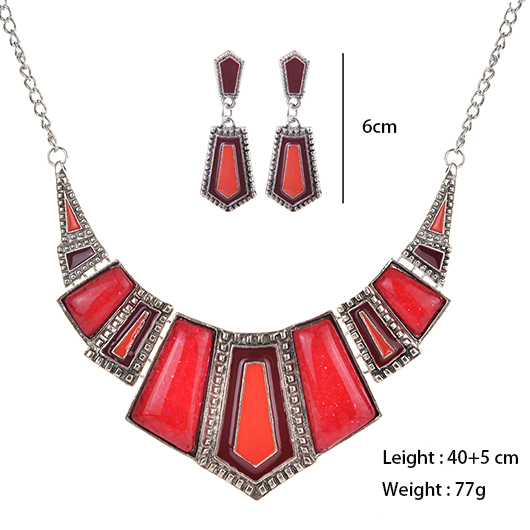 Retro Red Geometric Design Necklace and Earrings