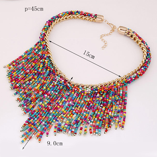 Chain Detail Tassel Multi Color Necklace