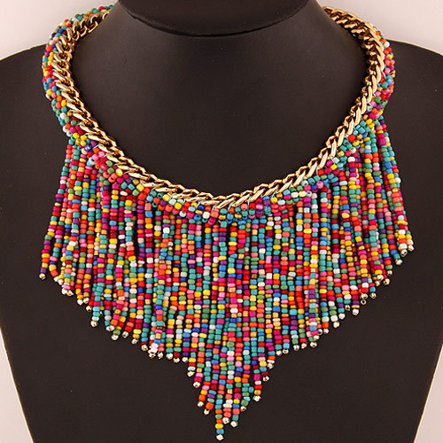 Chain Detail Tassel Multi Color Necklace