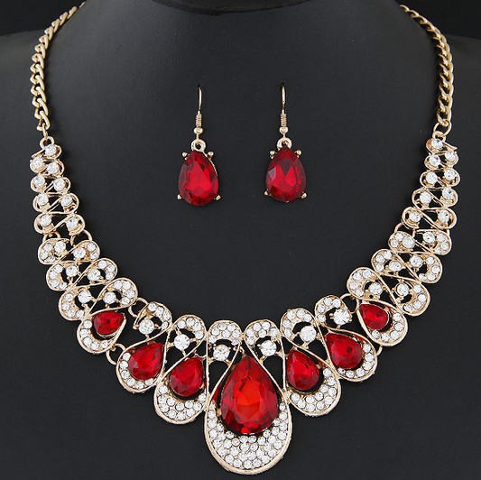 Hot Drilling Alloy Detail Red Necklace and Earrings