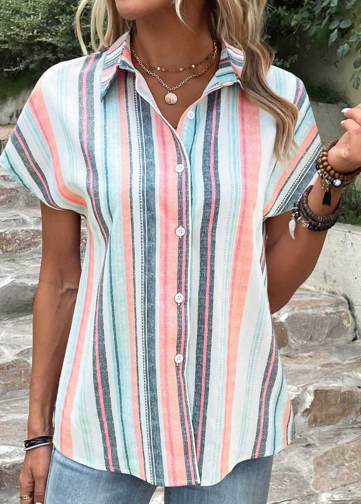 Plus Size Multi Color Button Striped Blouse