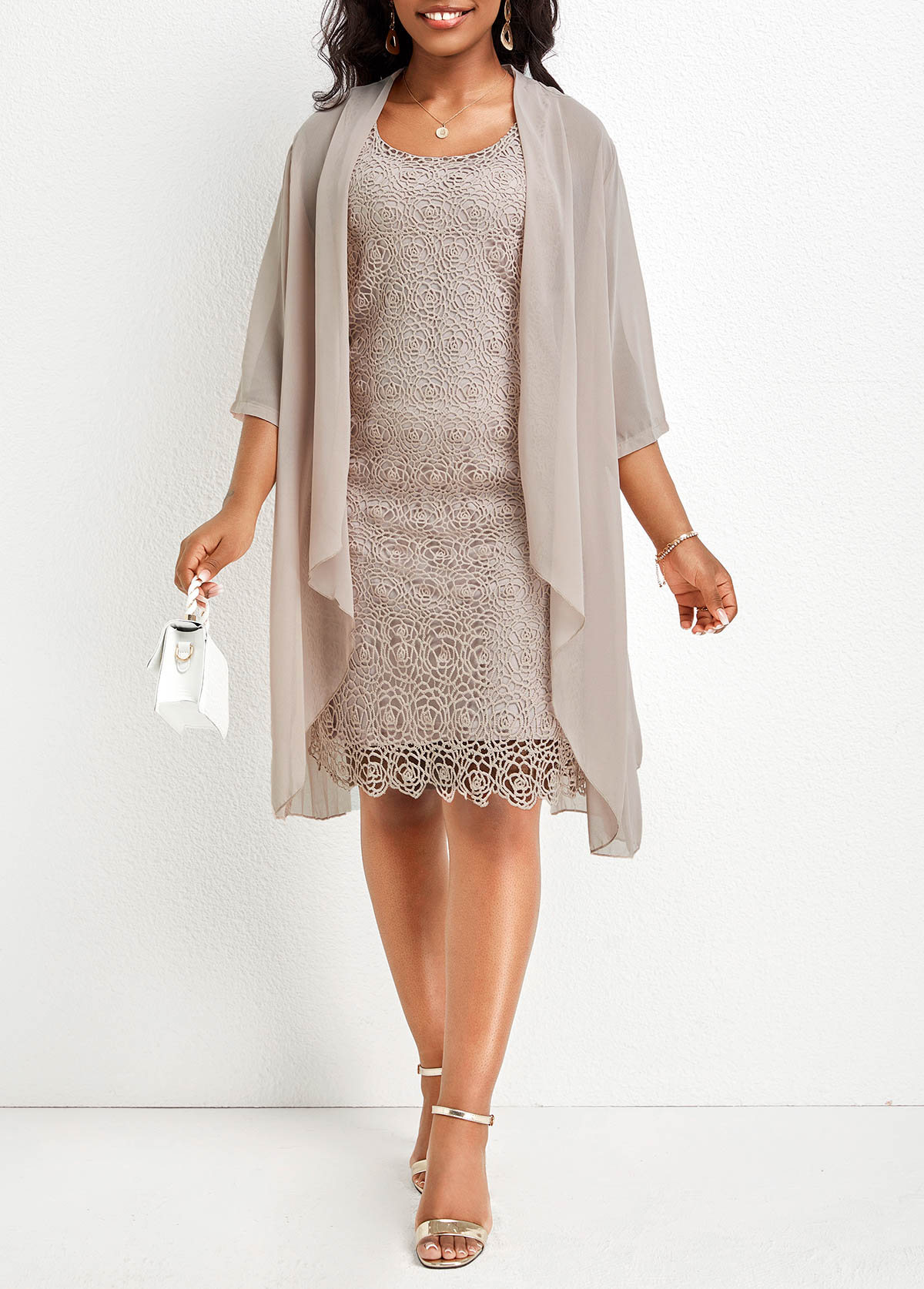 Scoop Neck Two Piece Skin Color Dress and Cardigan