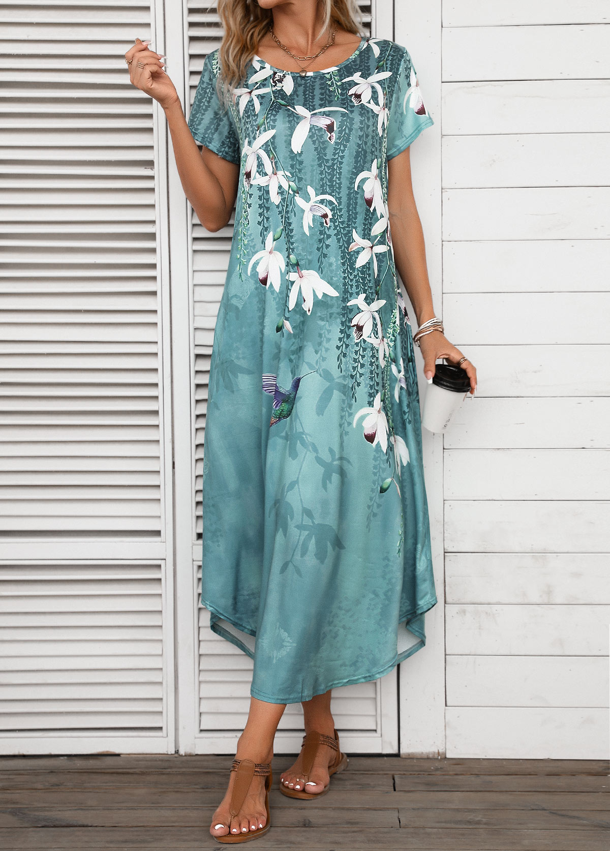 Floral Print Pocket Turquoise Shift Dress