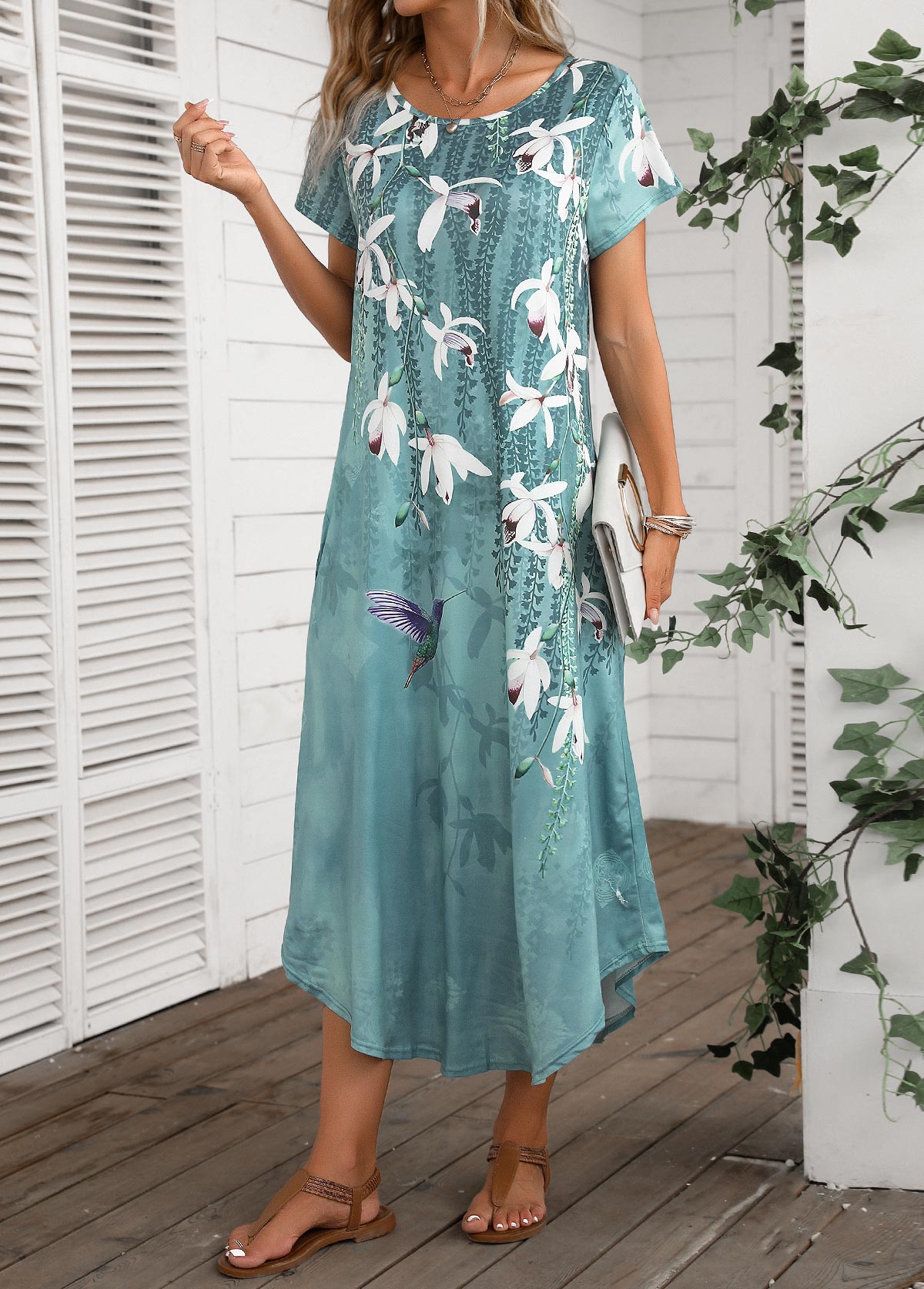 Floral Print Pocket Turquoise Shift Dress