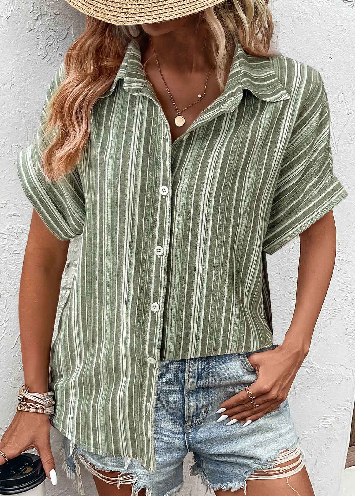Striped Button Sage Green Shirt Collar Blouse