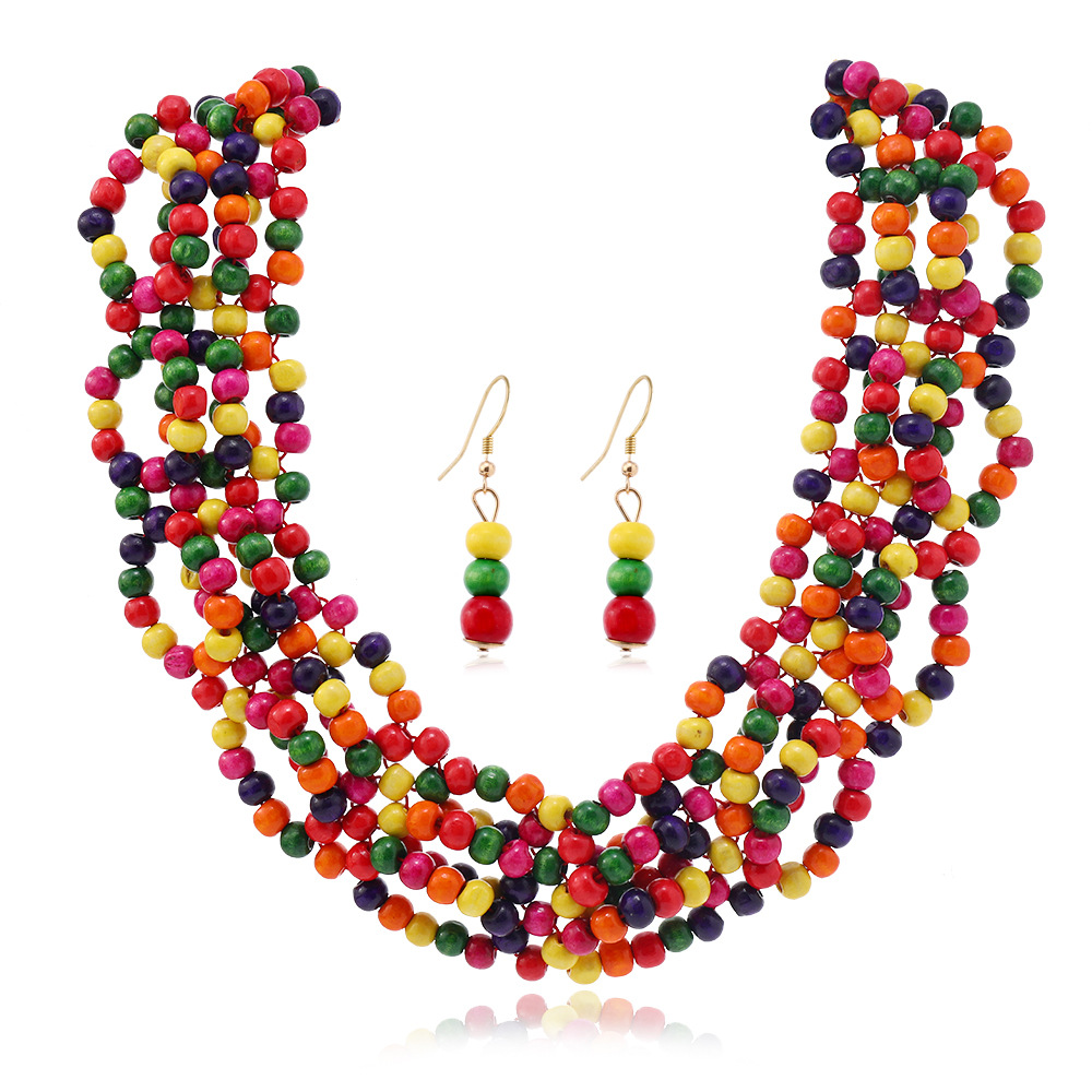 Wood Beads Design Multi Color Necklace and Earrings
