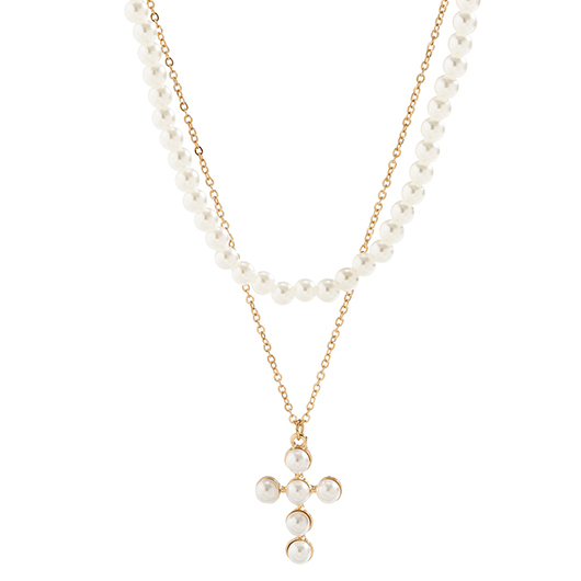 Pearl Layered Silvery White Cross Necklace