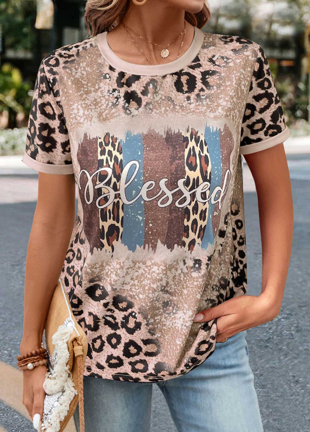 Leopard Patchwork Light Camel Round Neck T Shirt