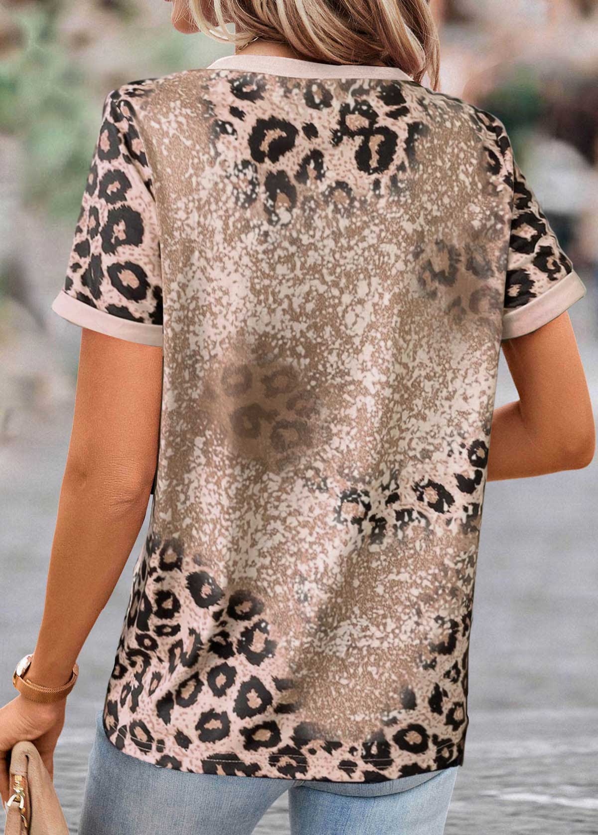 Leopard Patchwork Light Camel Round Neck T Shirt