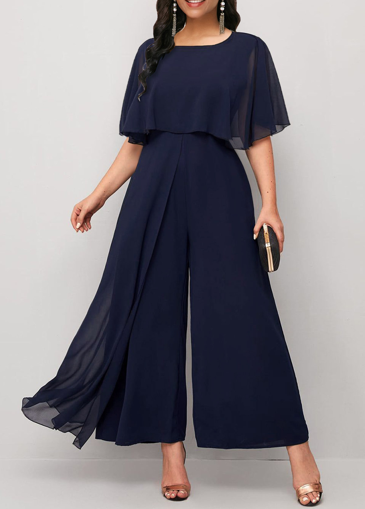 Navy Ankle Length Round Neck Asymmetry Jumpsuit