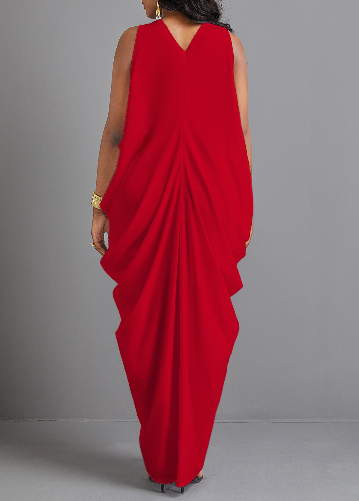 Red O Shape V Neck Split Maxi Dress