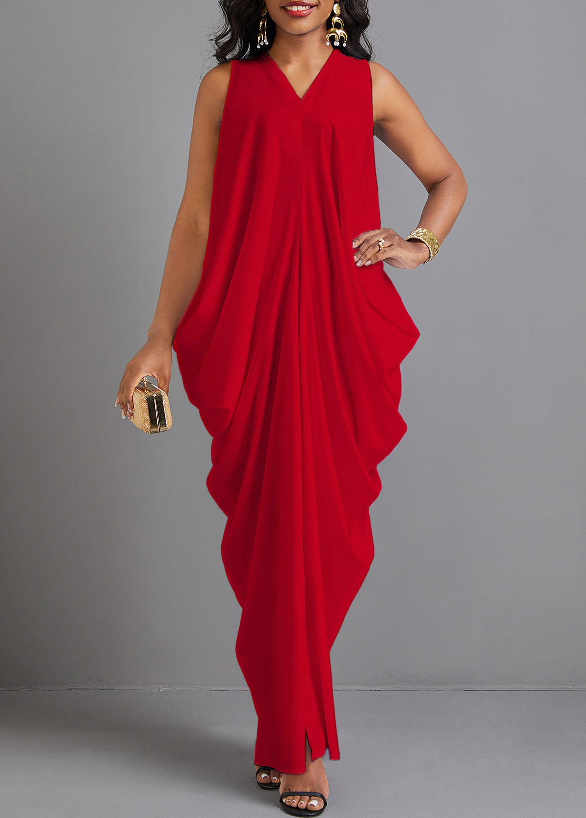 Red O Shape V Neck Split Maxi Dress