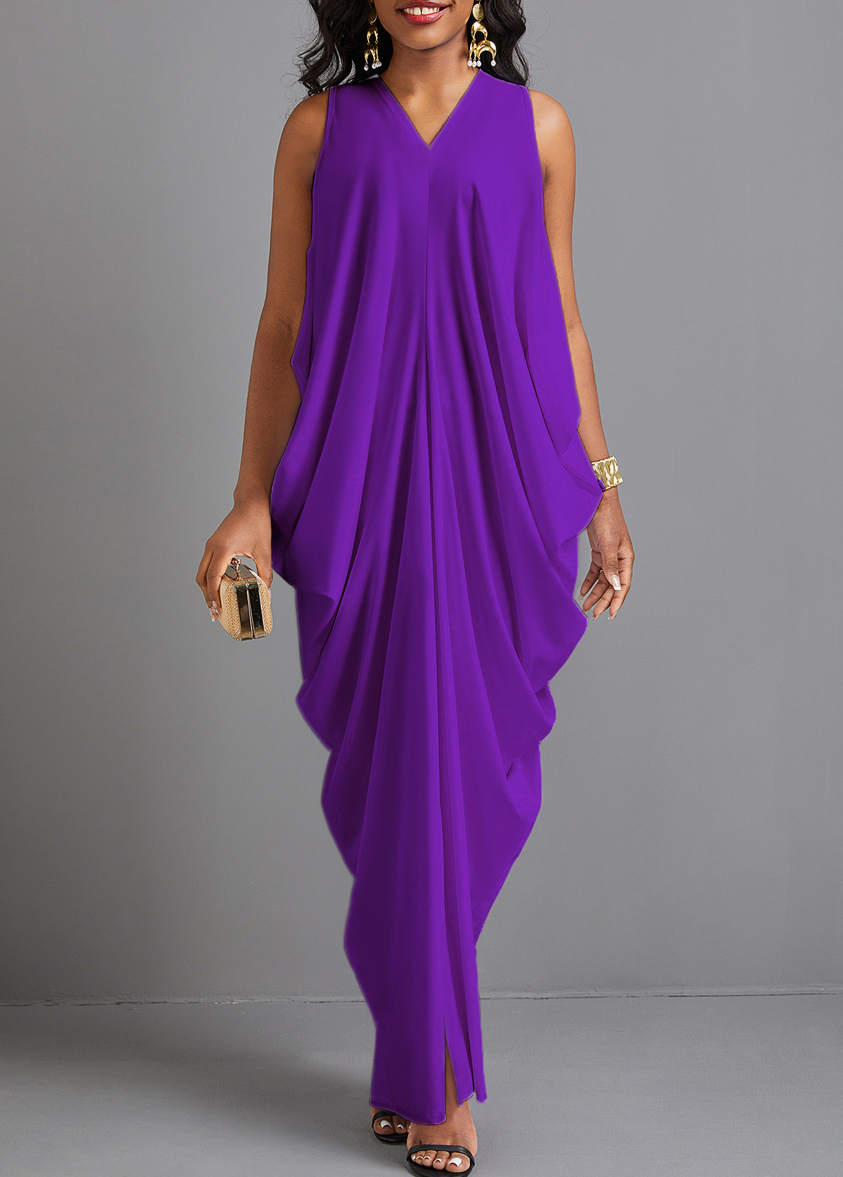 Split O Shape V Neck Purple Maxi Dress