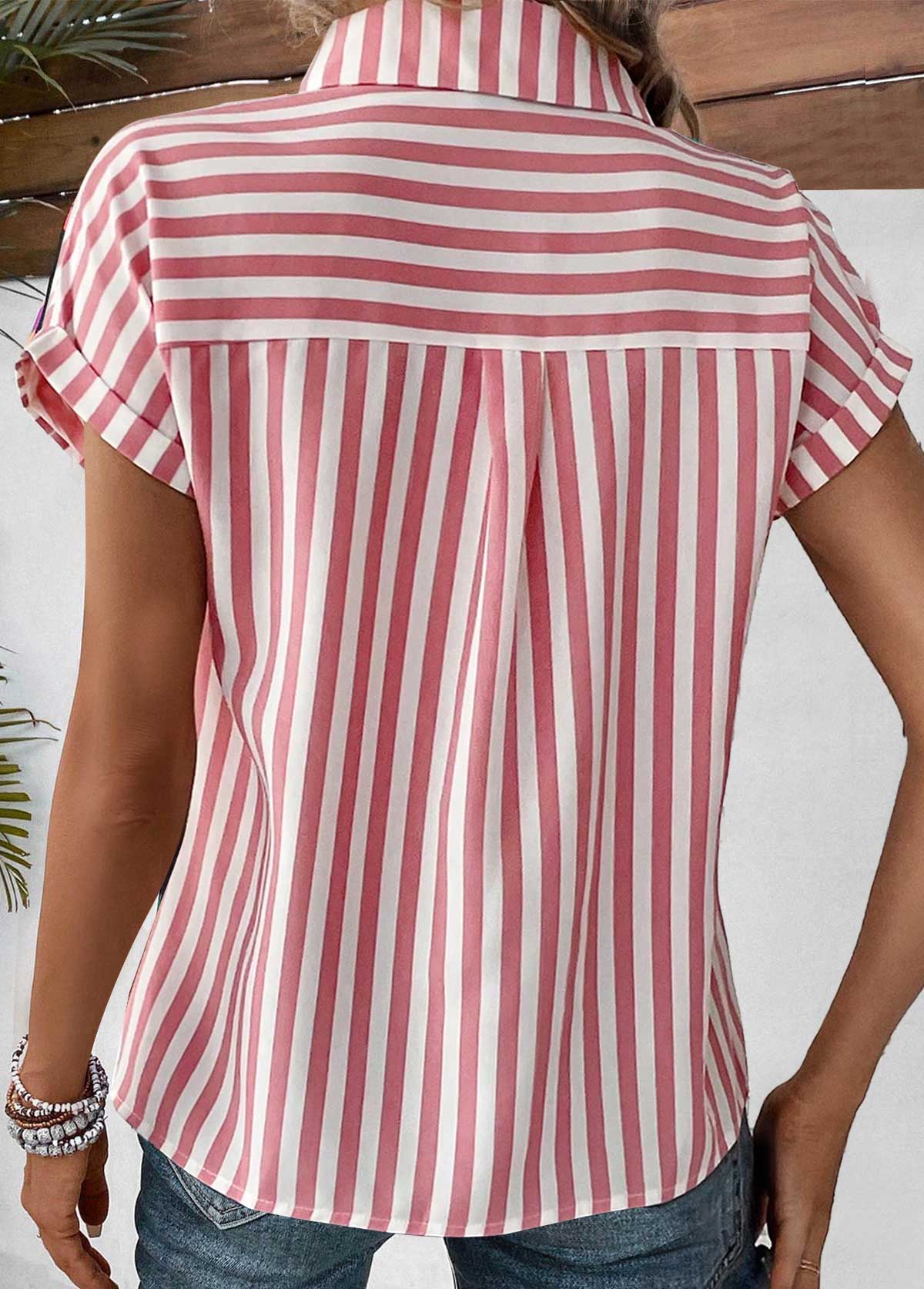 Striped Pocket Pink Shirt Collar Short Sleeve Blouse