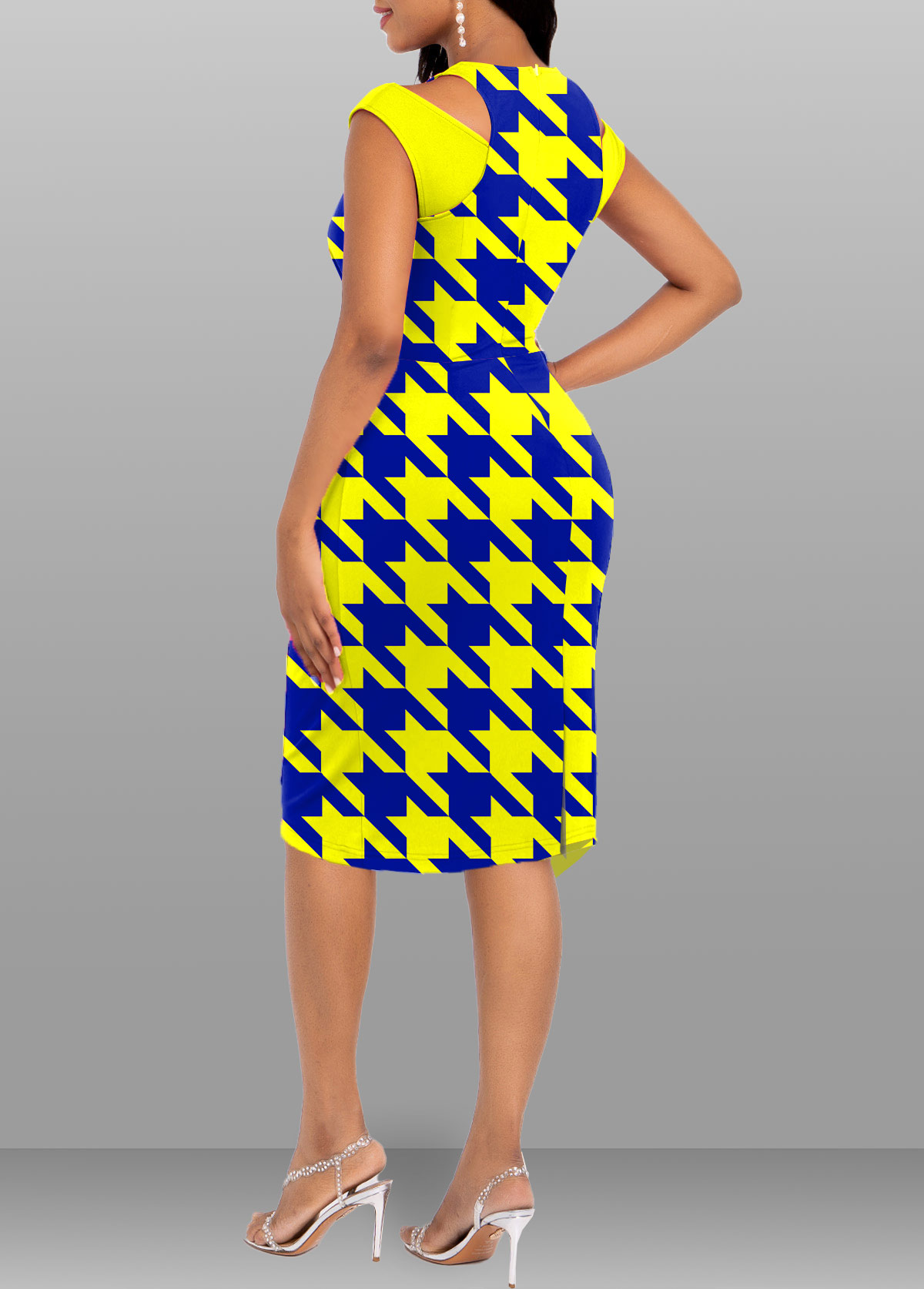 Geometric Print Twist Yellow Bodycon Round Neck Dress