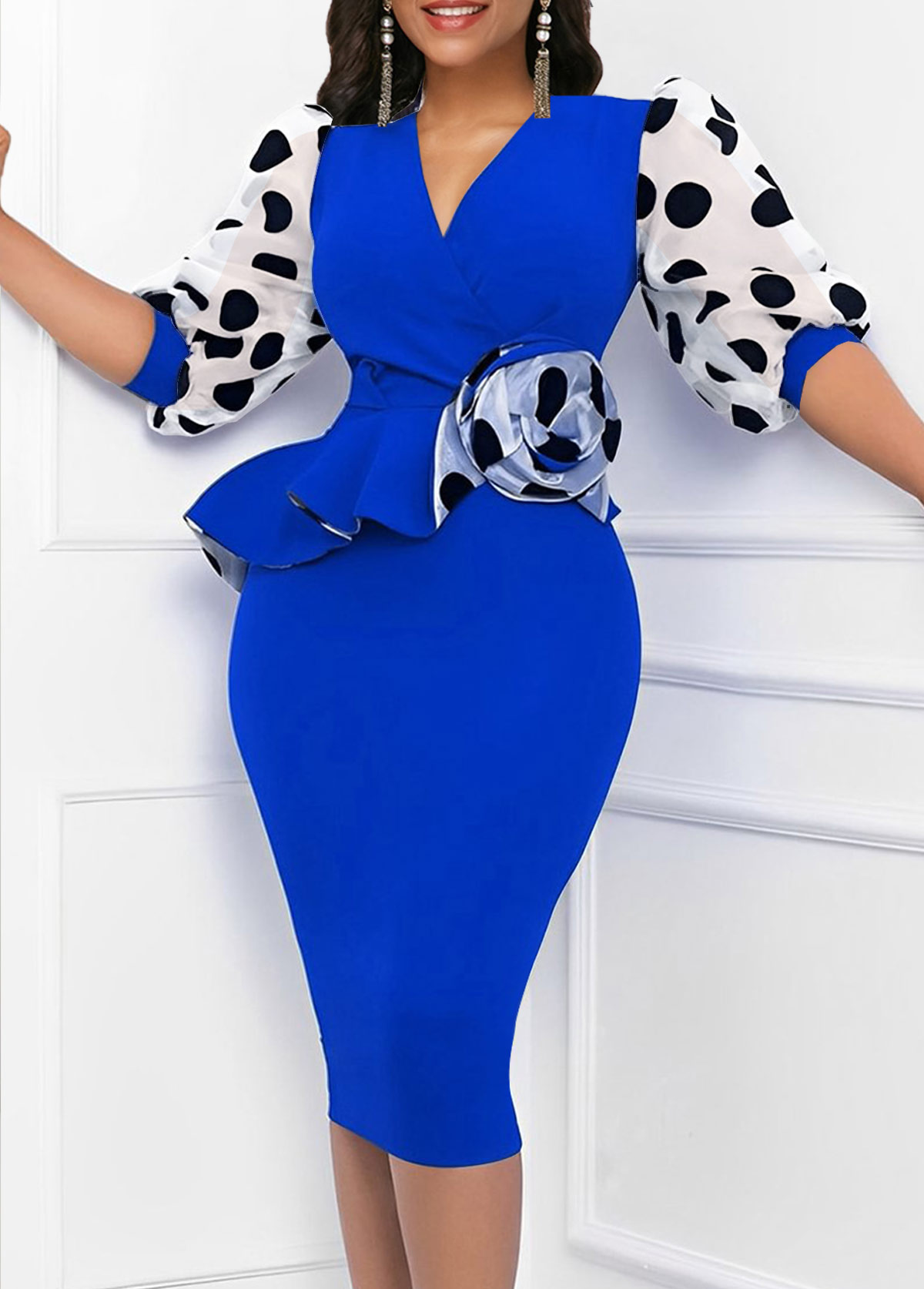 Polka Dot Ruffle Royal Blue Bodycon Dress | Rosewe.com - USD $37.98