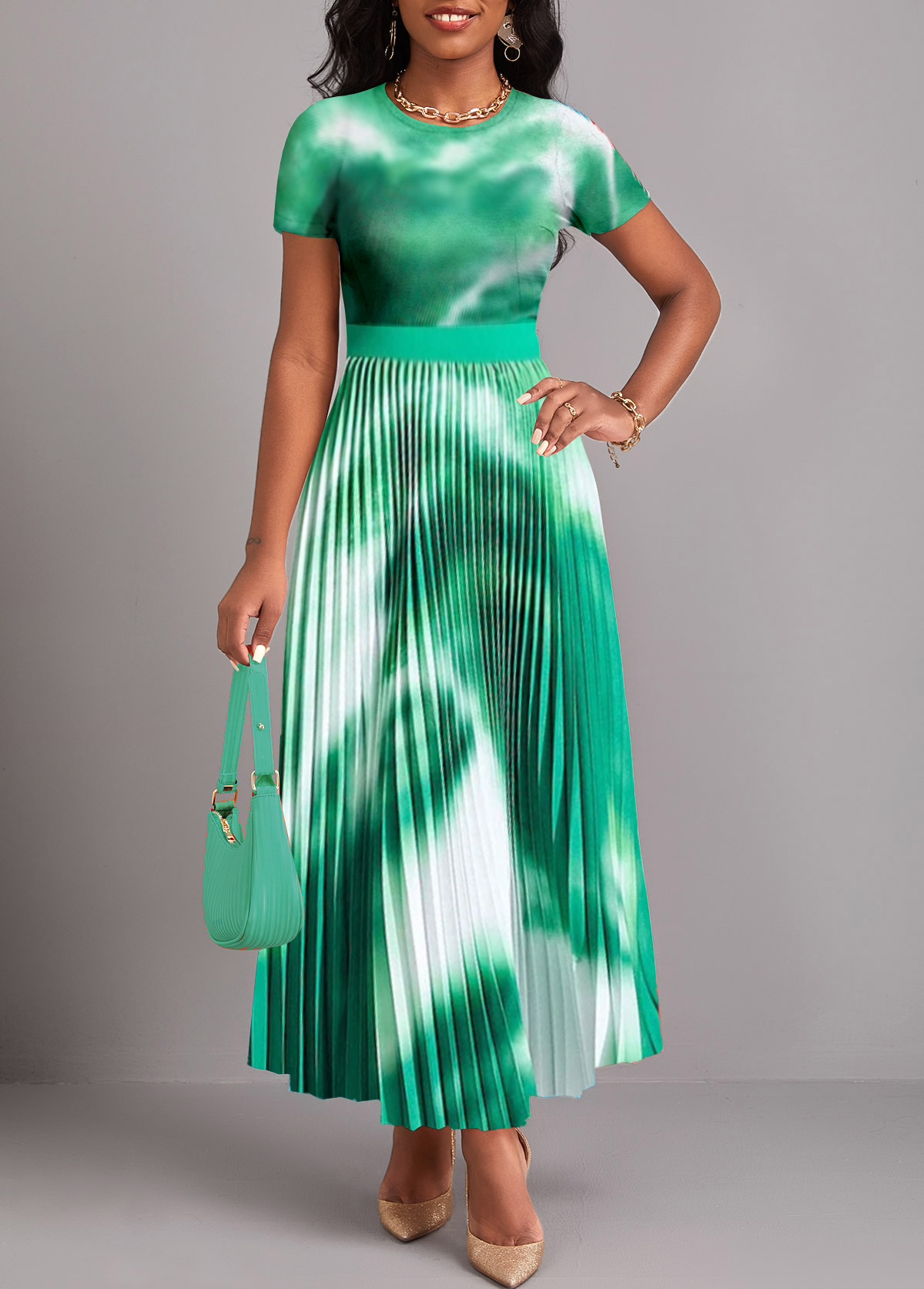 Tie Dye Print Pleated Green Maxi Dress