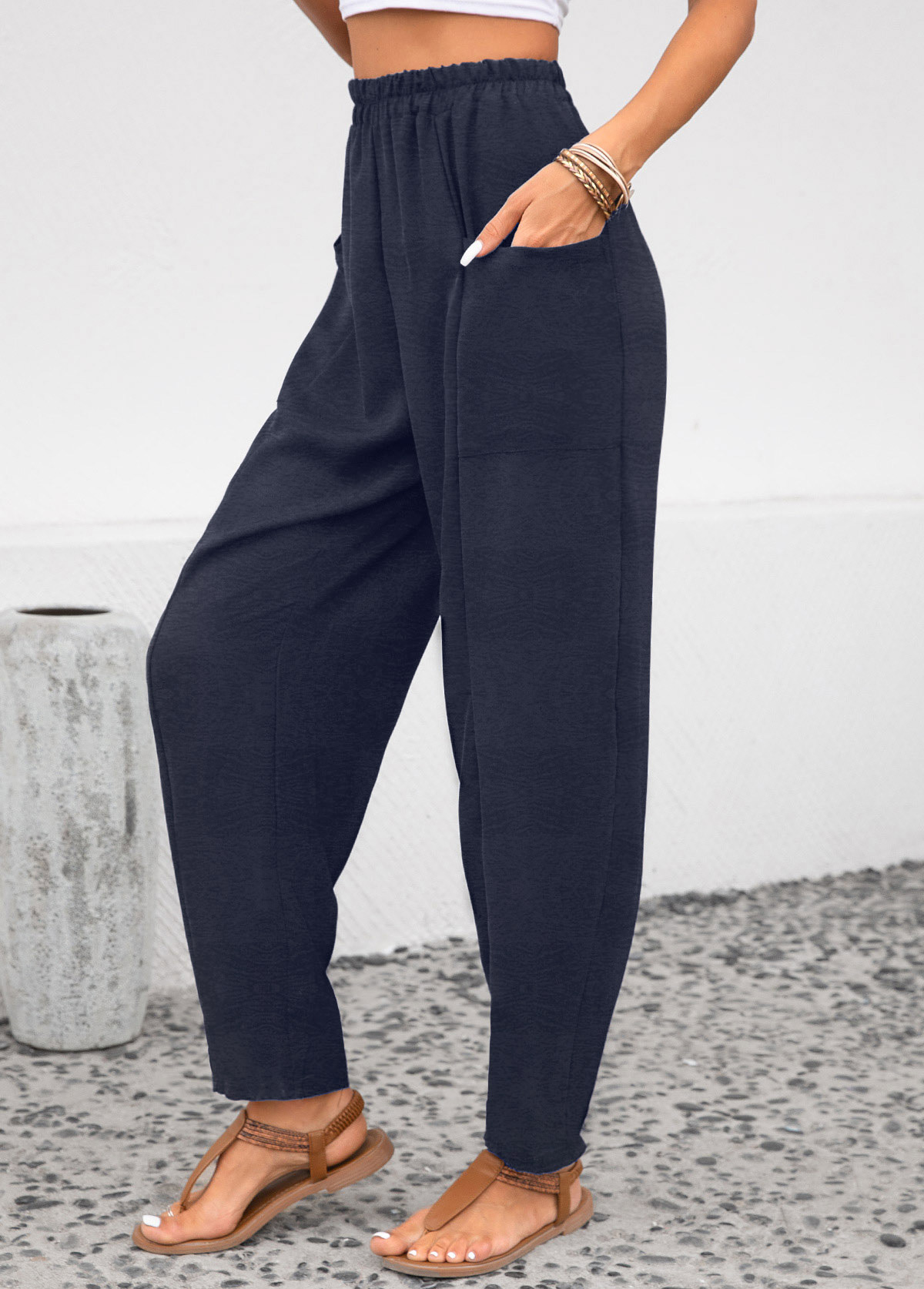 Pocket Navy Elastic Waist High Waisted Pants USD 23.98