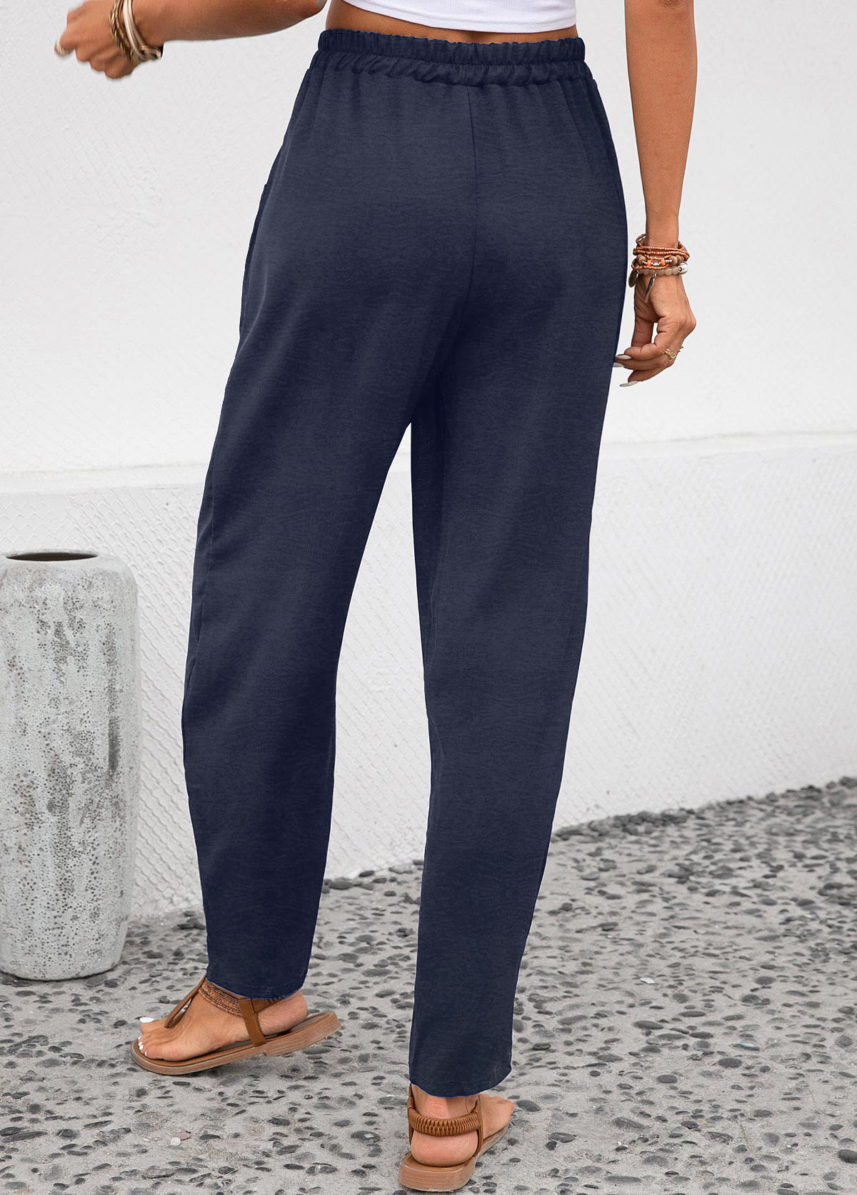 Pocket Navy Elastic Waist High Waisted Pants USD 25.98