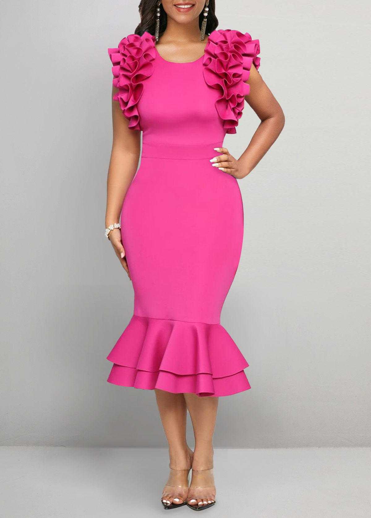 Ruffle Round Neck Hot Pink Bodycon Dress