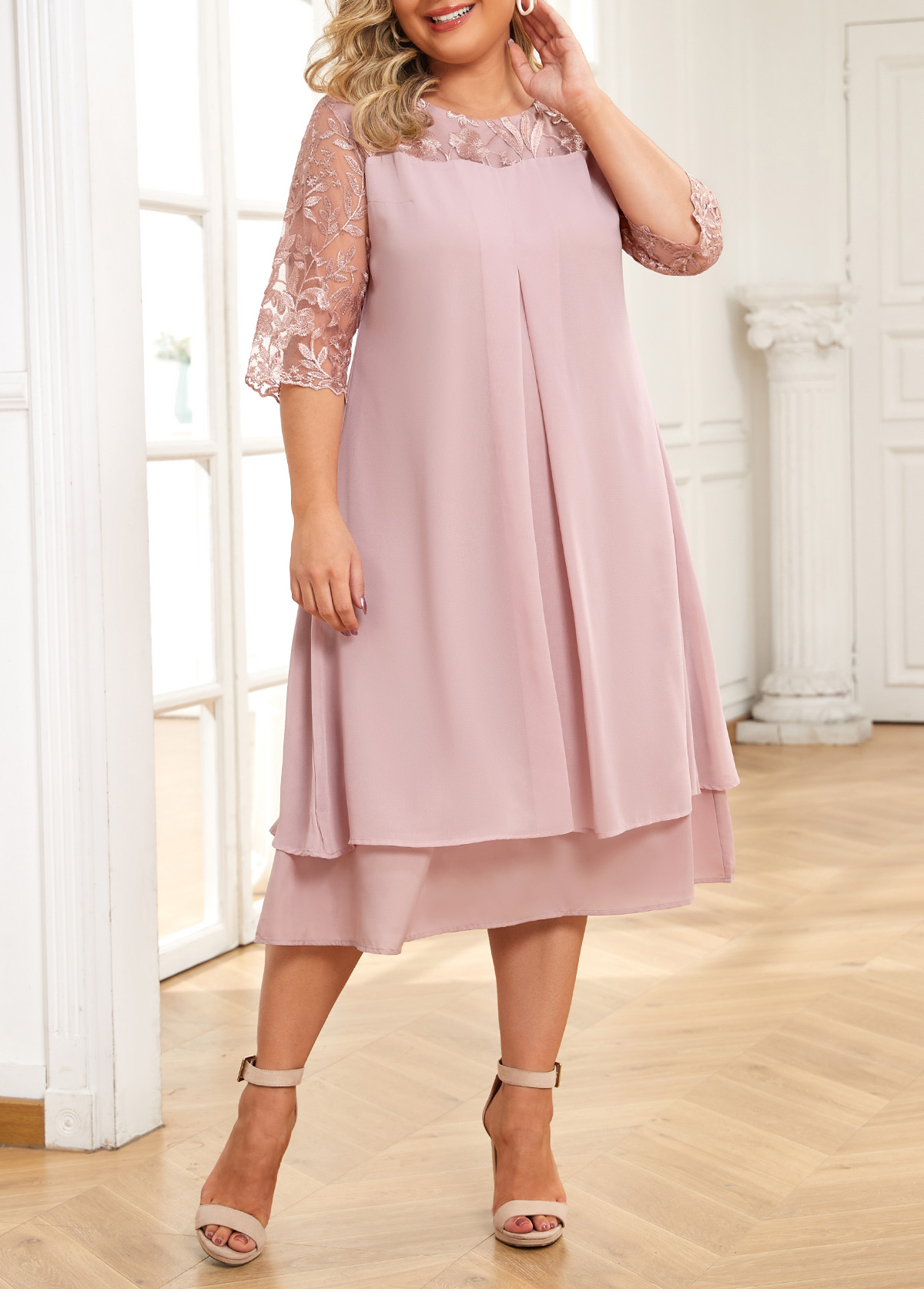 Light Pink Plus Size Embroidery A Line Dress
