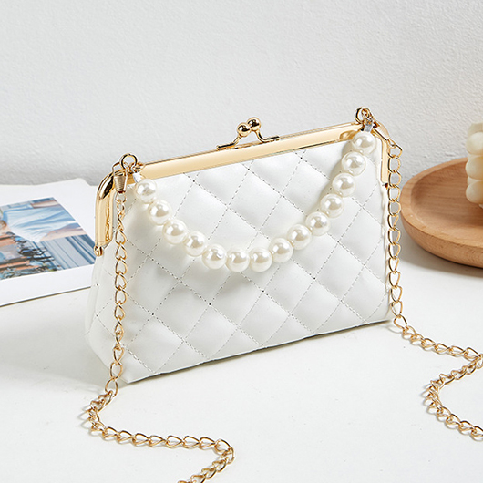 Pearl Detail White Chains Clasp Crossbody Bag