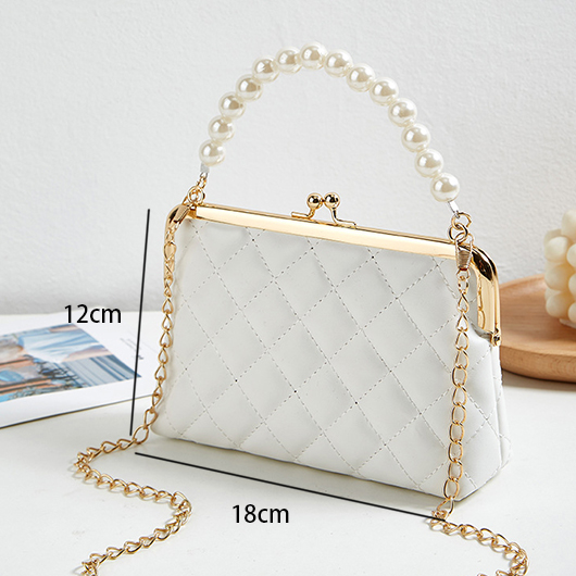 Pearl Detail White Chains Clasp Crossbody Bag