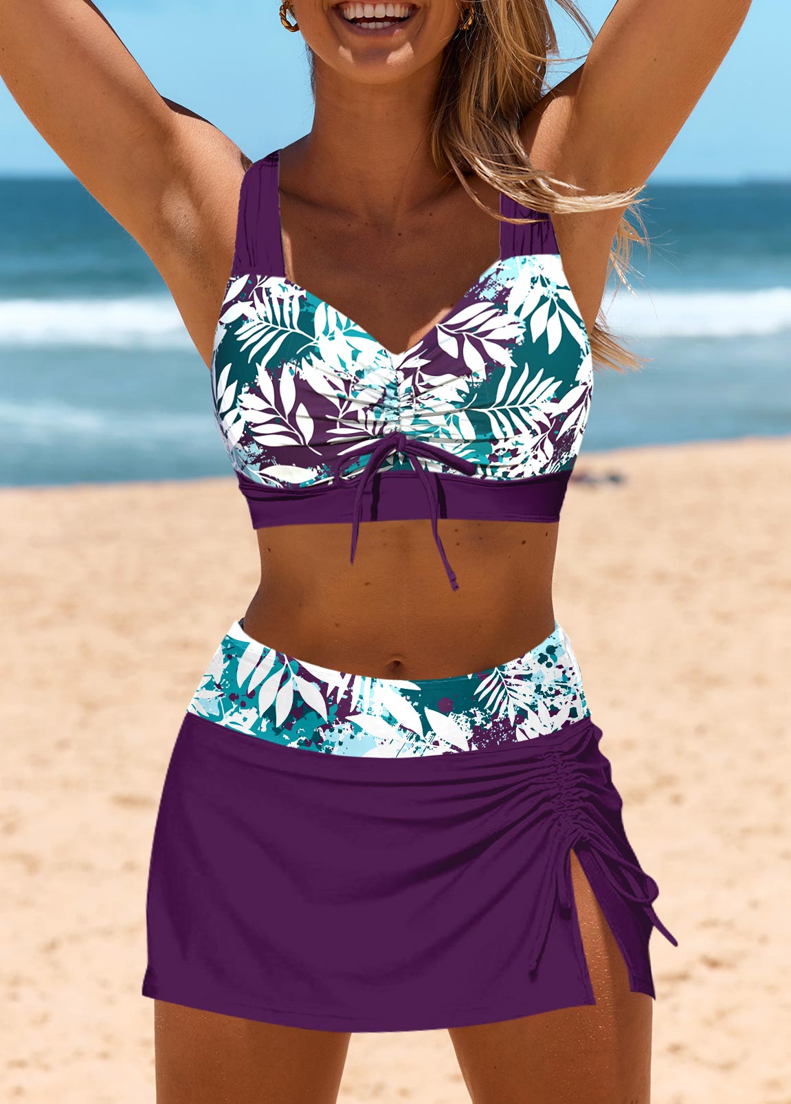 Mid Waisted Leaf Print Drawstring Purple Bikini Set