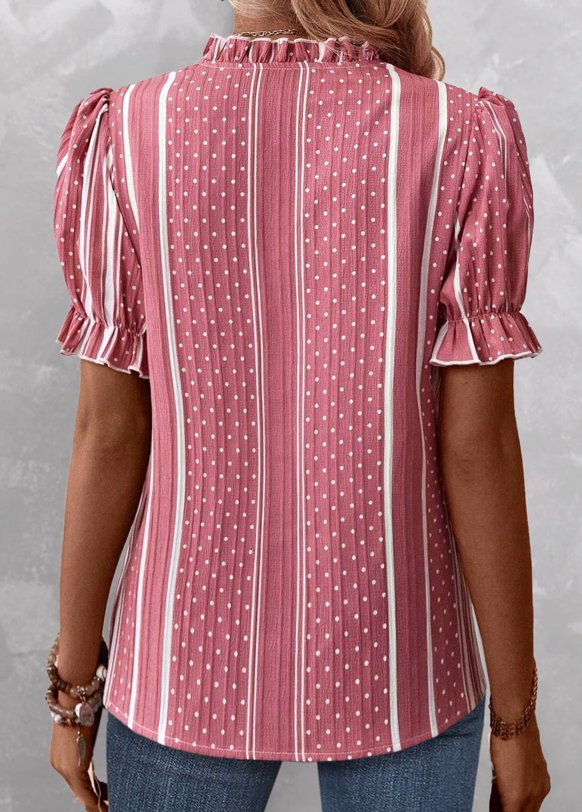 Plus Size Pink Frill Striped Short Sleeve Blouse