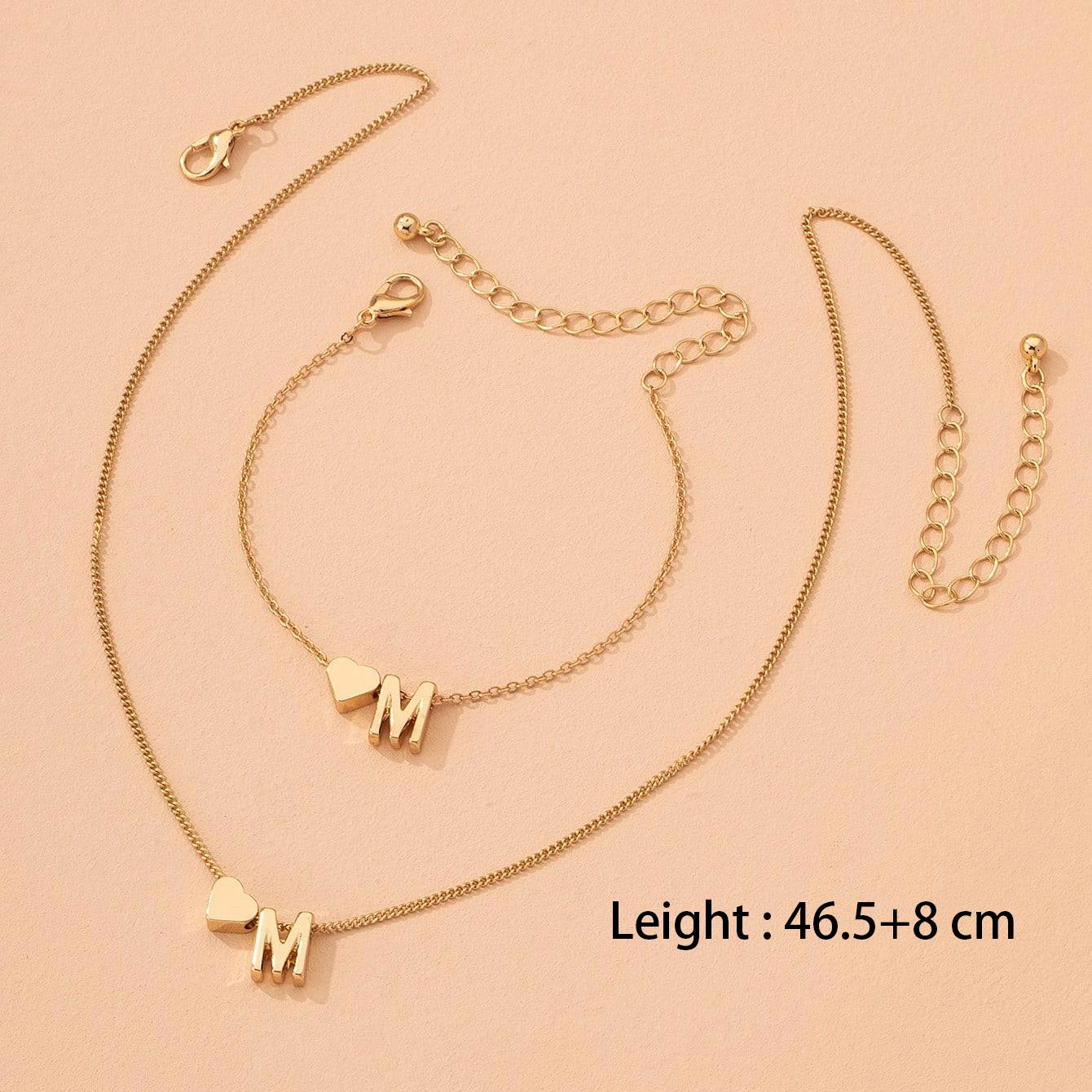 Metal Gold Vintage Heart Letter Necklace and Bracelet