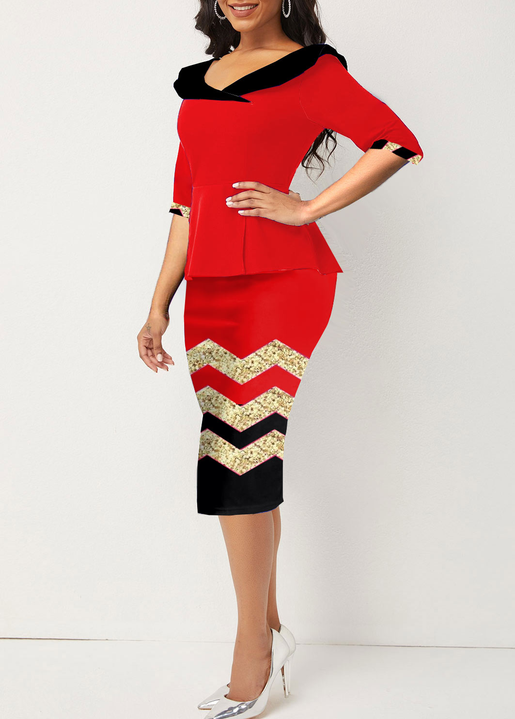 Geometric Print Fake 2in1 Red Bodycon Dress