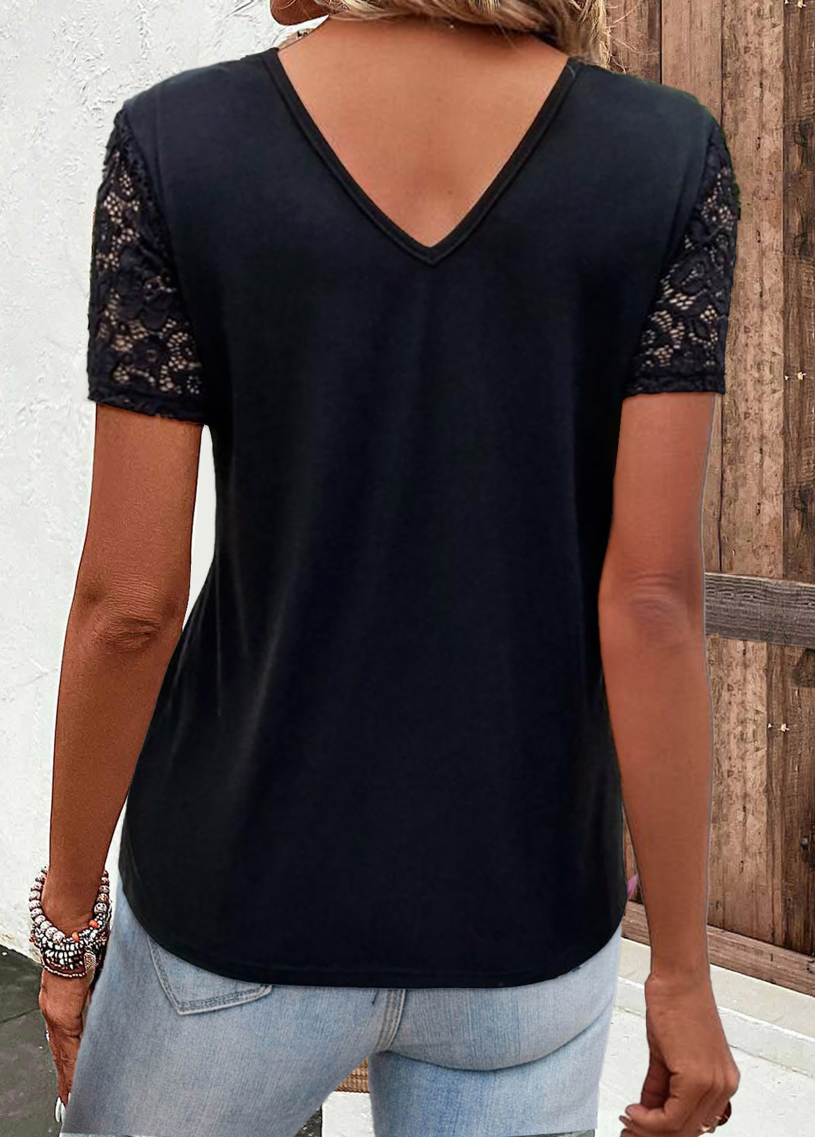 Short Sleeve Lace Black V Neck T Shirt