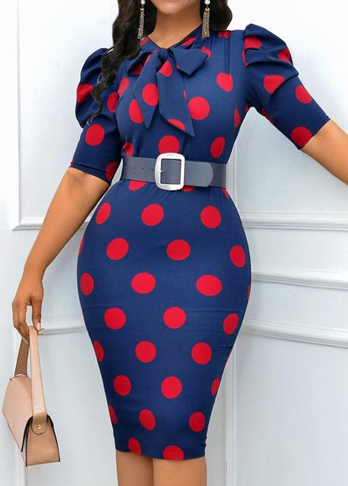 Polka Dot Bowknot Navy Bodycon Dress