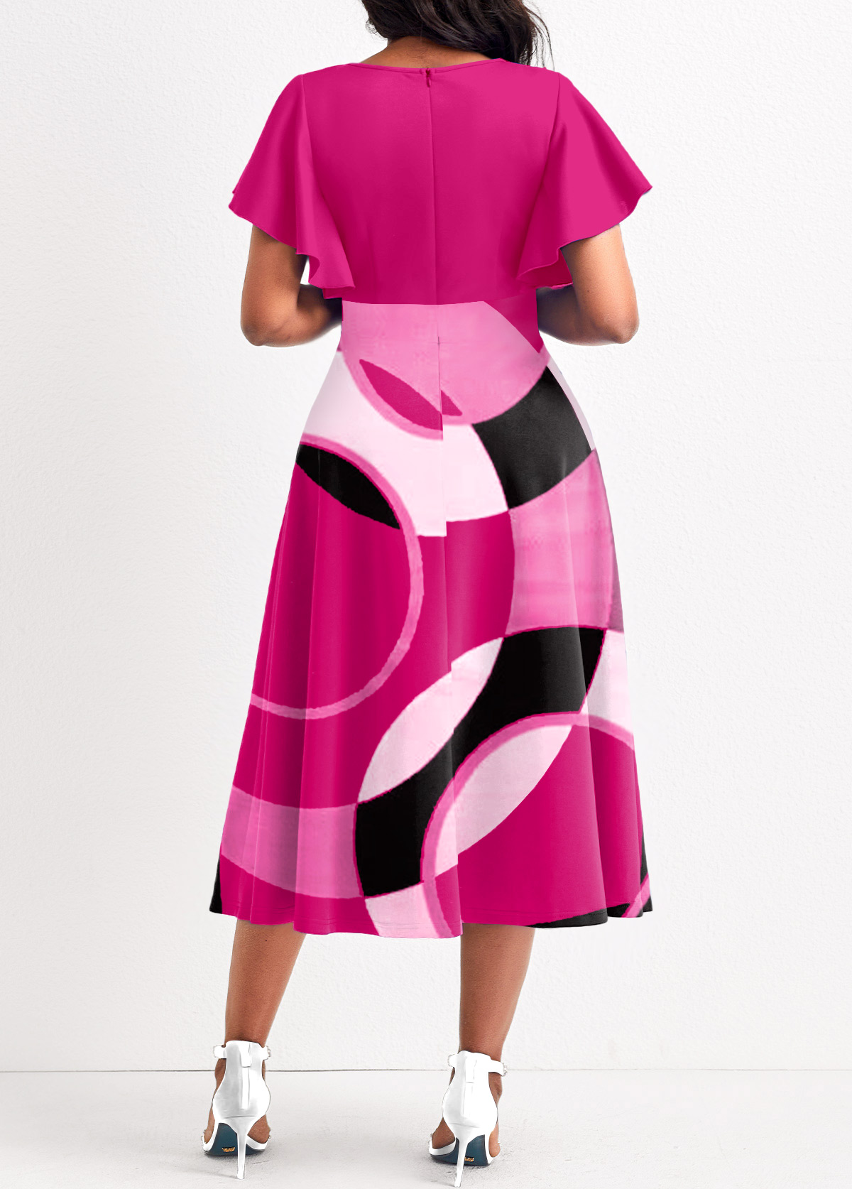 Geometric Print Umbrella Hem Hot Pink Dress