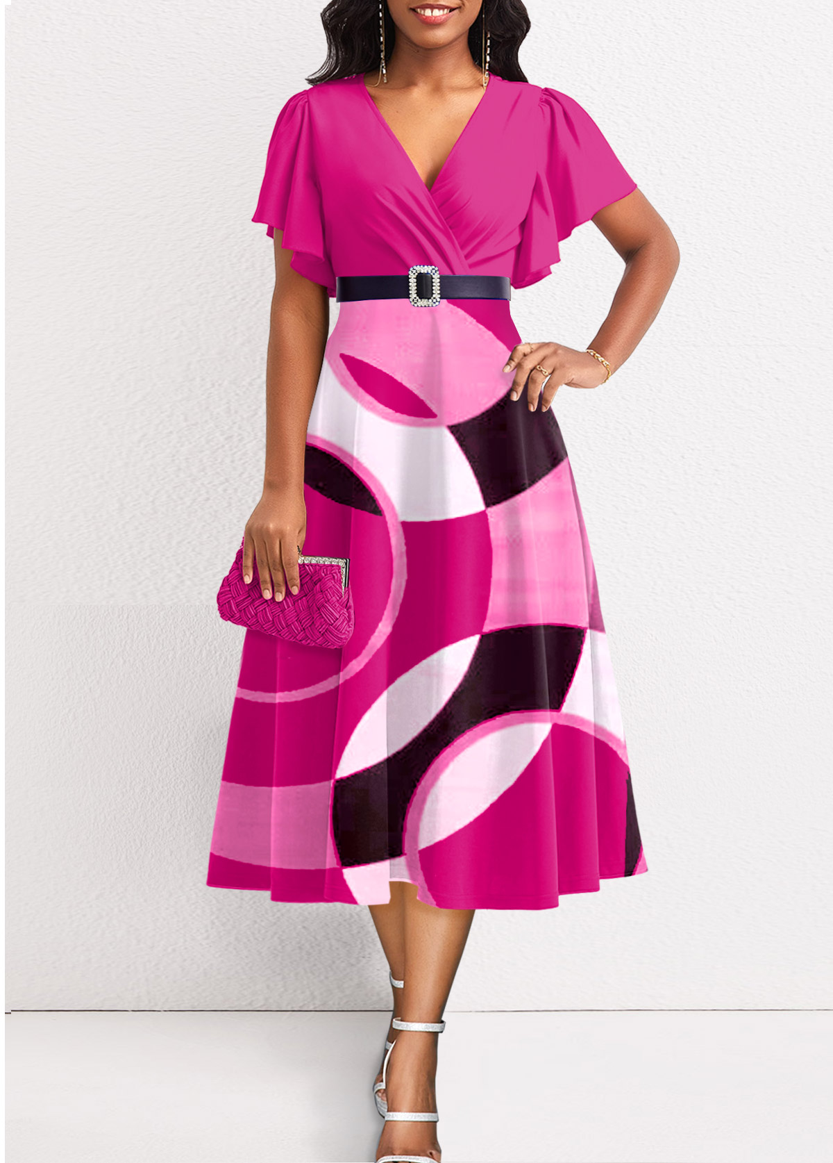Geometric Print Umbrella Hem Hot Pink Dress