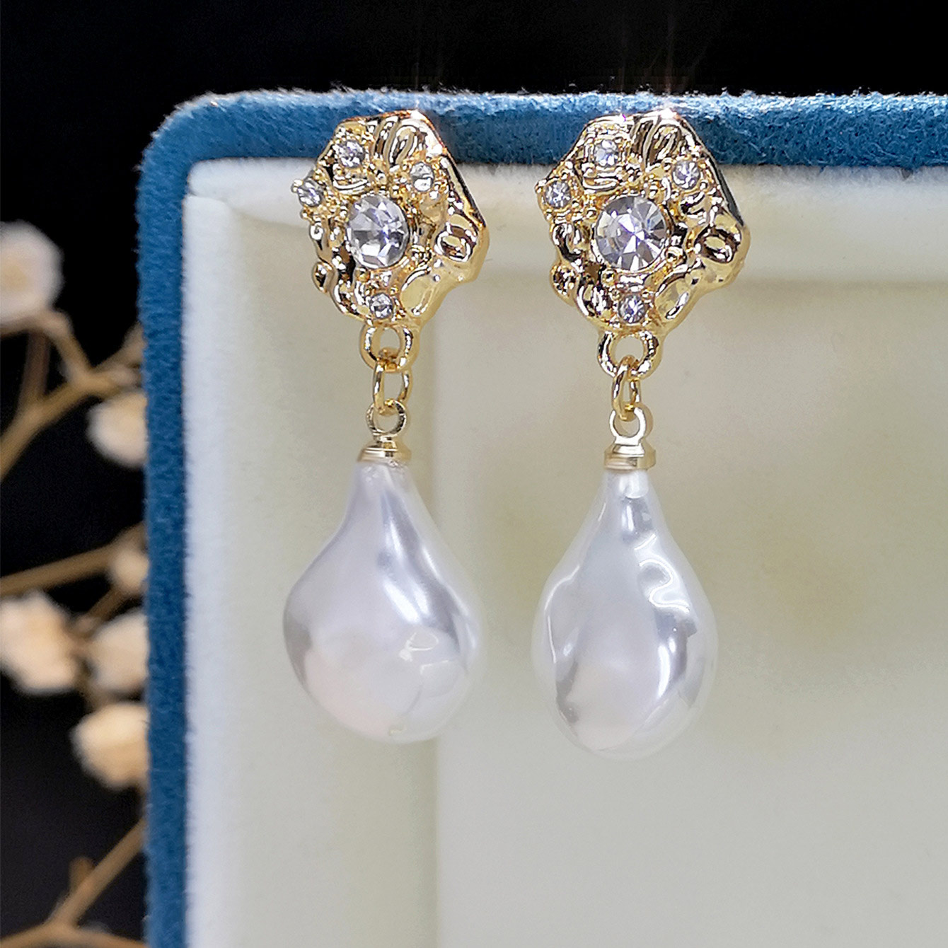 Pearl Detail White Teardrop Design Earrings
