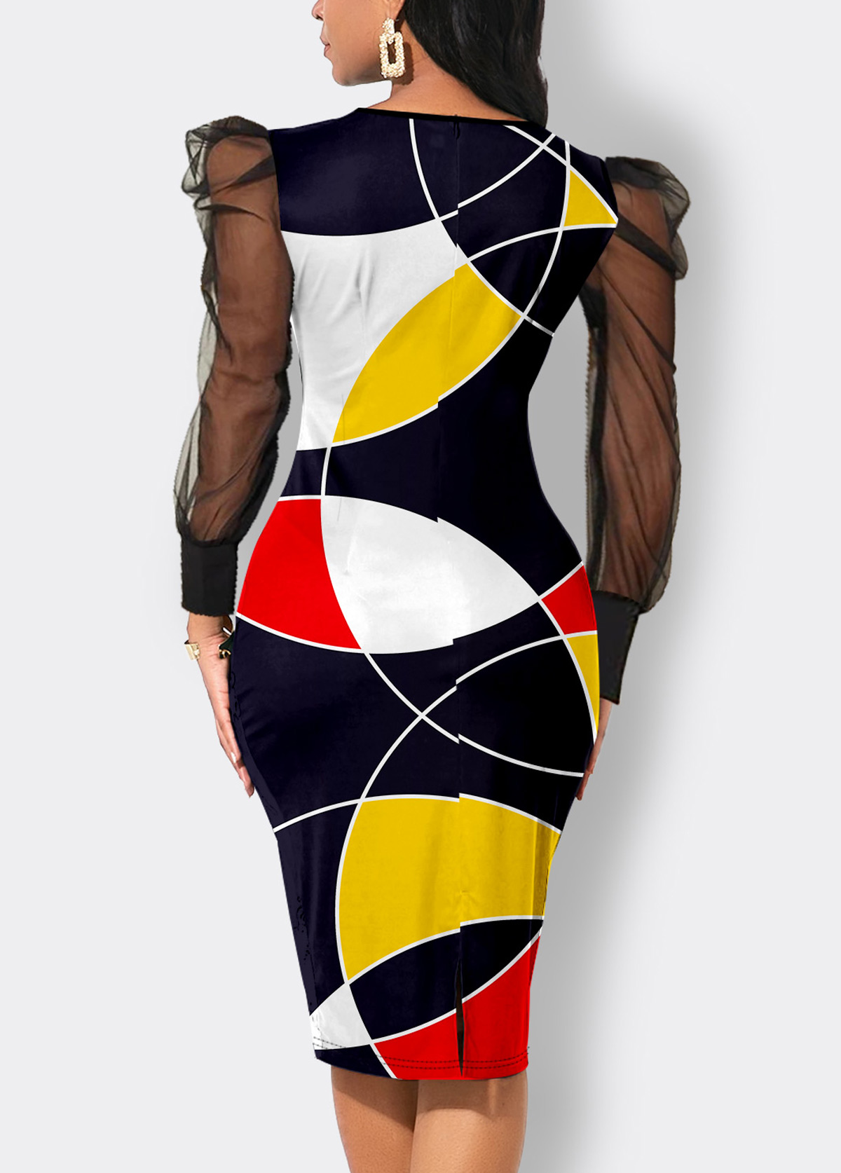 Geometric Print Mesh Multi Color Bodycon Dress