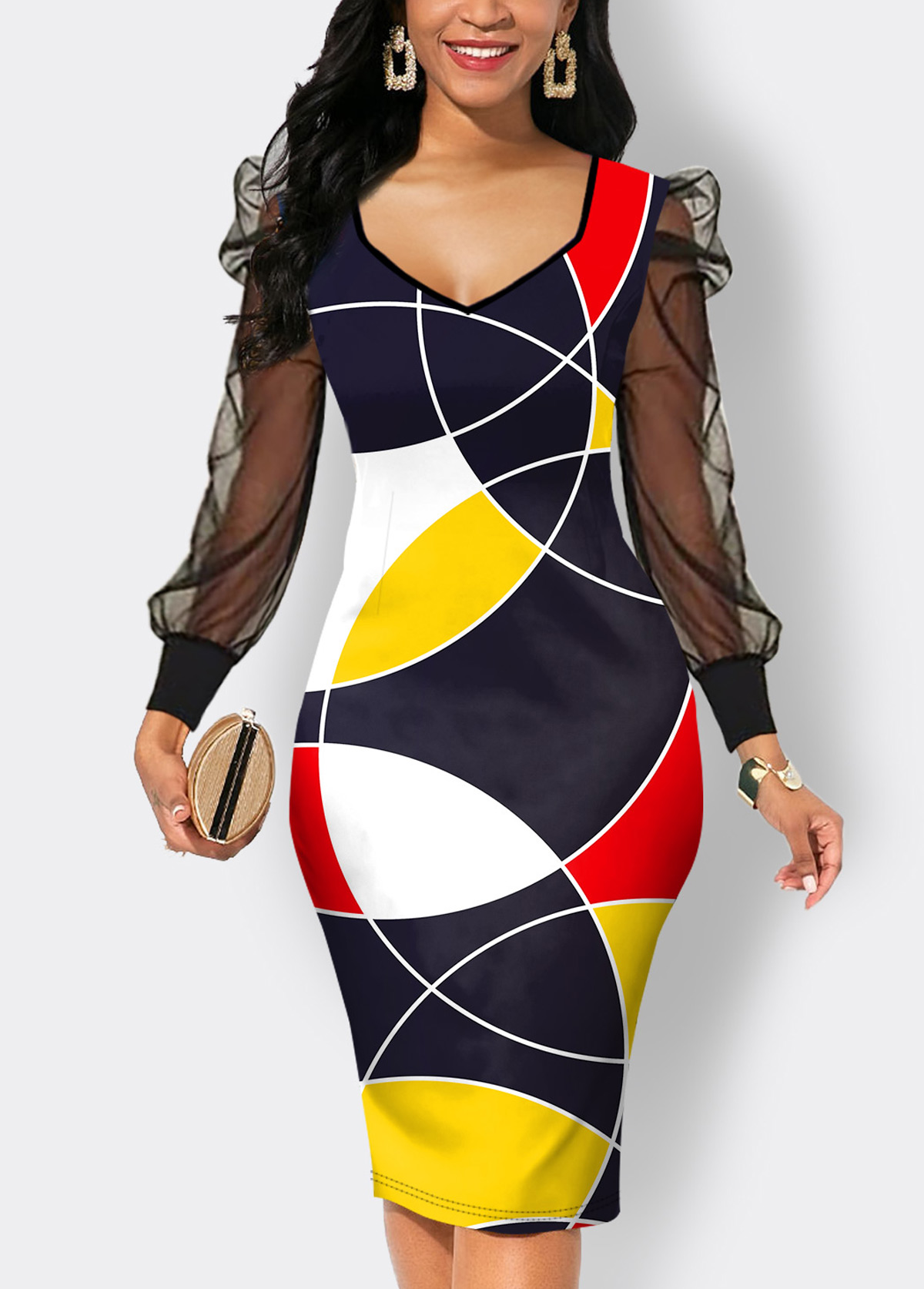 Geometric Print Mesh Multi Color Bodycon Dress