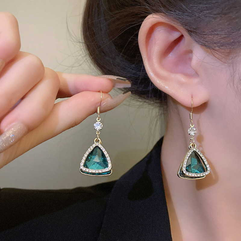 Green Triangle Design Alloy Detail Earrings