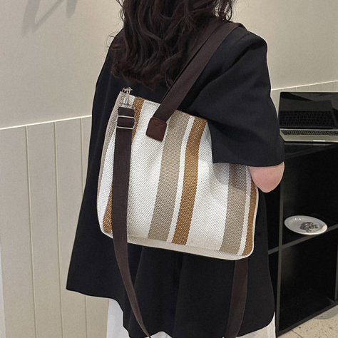 Cotton Blend Design Beige Clasp Shoulder Tote Bag