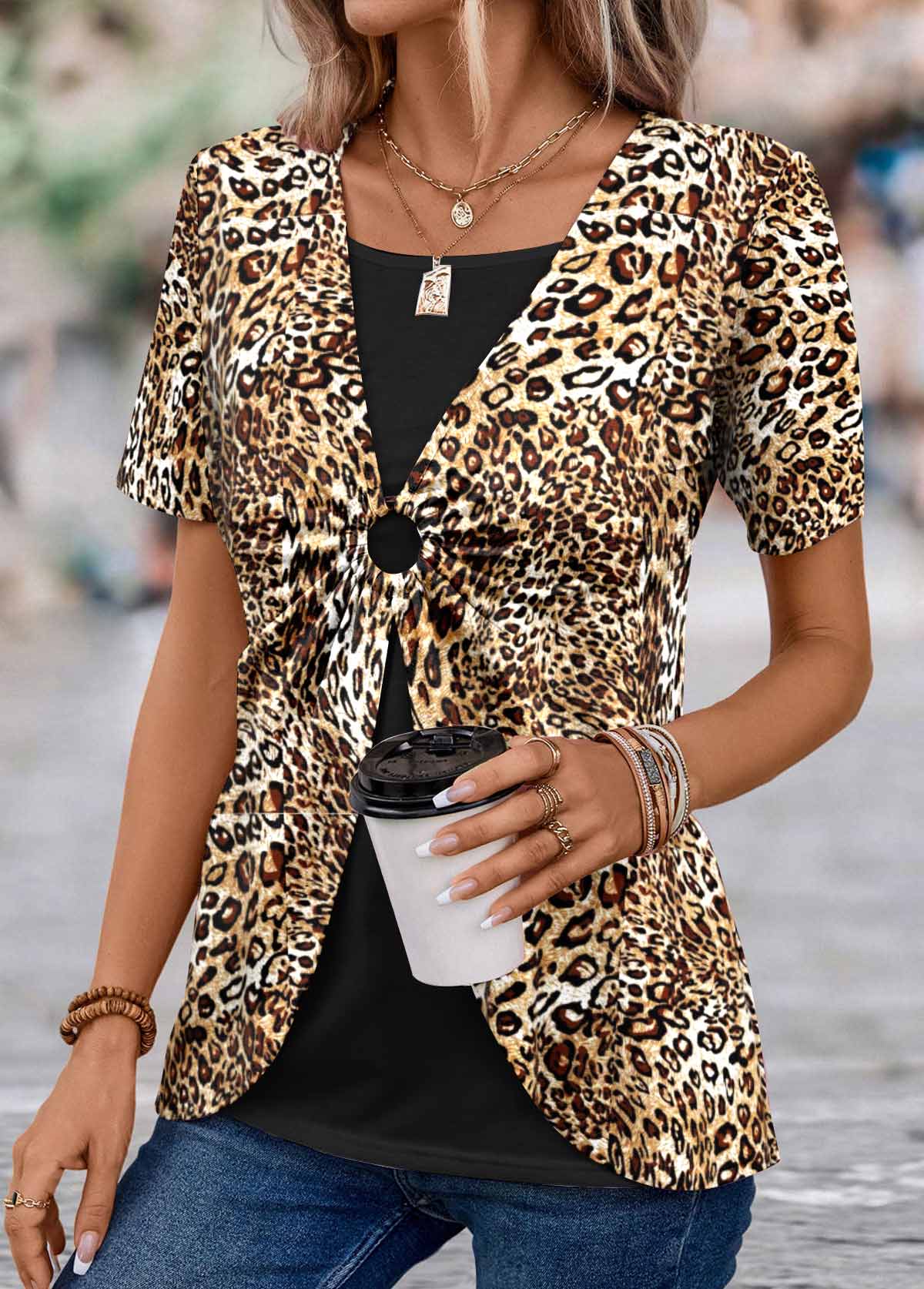 Leopard Fake 2in1 Dark Coffee T Shirt