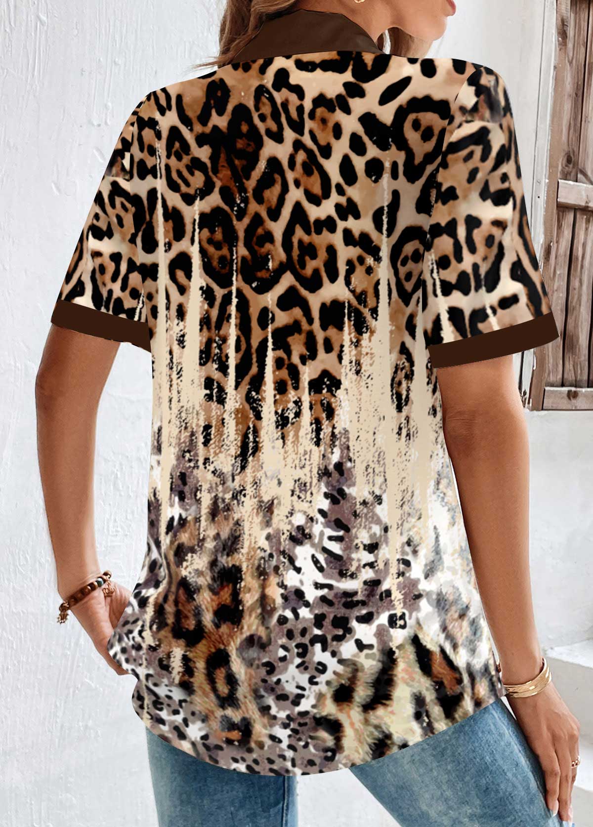 Leopard Patchwork Dark Camel Shirt Collar Blouse