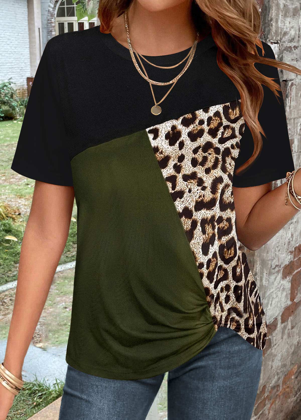 Leopard Patchwork Green Round Neck T Shirt