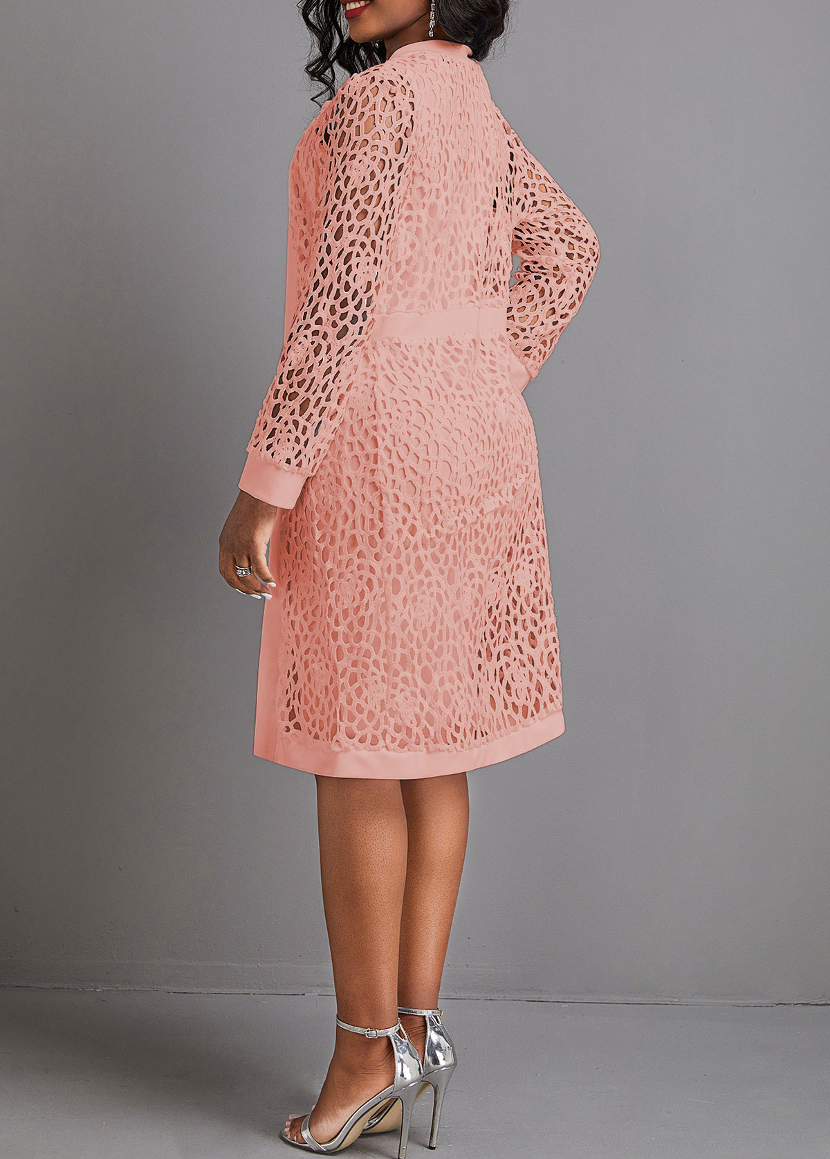 Round Neck Two Piece Pink Long Sleeve Dress and Cardigan
